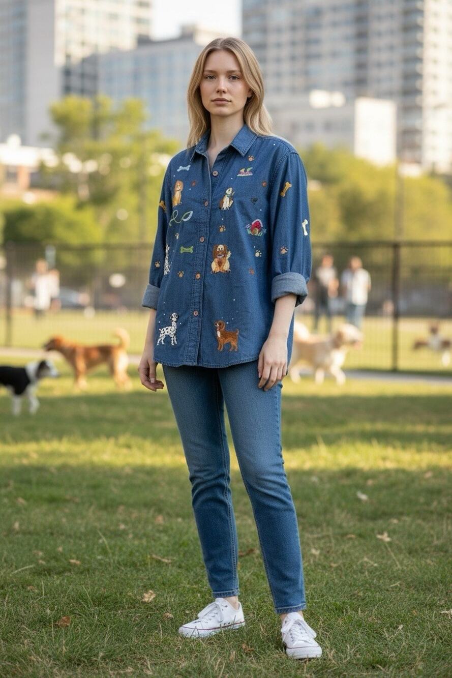 The Quacker Factory Women's 1X Blue Denim Chambray Embroided Dogs Motif LS Shirt